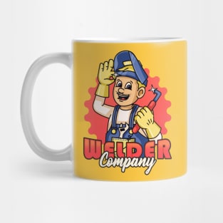 Welder Company, a male cartoon retro mascot using workshop welding equipment Mug